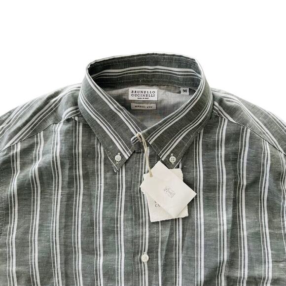 Brunello Cucinelli Men's Linen Button Front Green Stripe Shirt Size Medium NEW - Picture 3 of 8